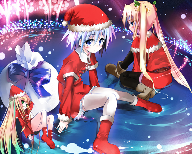sho (runatic moon), original, black legwear, santa boots, white legwear, 3girls, bell, blonde hair, blue eyes, blue hair, boots, capelet, christmas, green eyes, hair bell, hair ornament, hat, long hair, mini person, minigirl, multiple girls, pantyhose, sack, santa costume, santa hat, sitting, thighhighs, twintails
