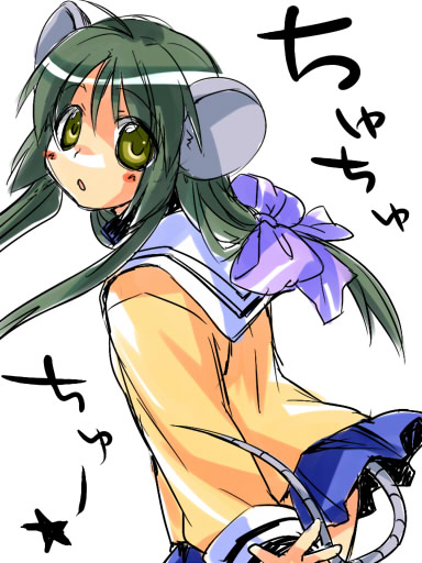 satomi (black scarecrow), satomi yoshitaka, ibuki fuuko, clannad, 00s, 1girl, animal ears, female focus, long hair, low-tied long hair, mouse ears, school uniform, serafuku, solo, tail