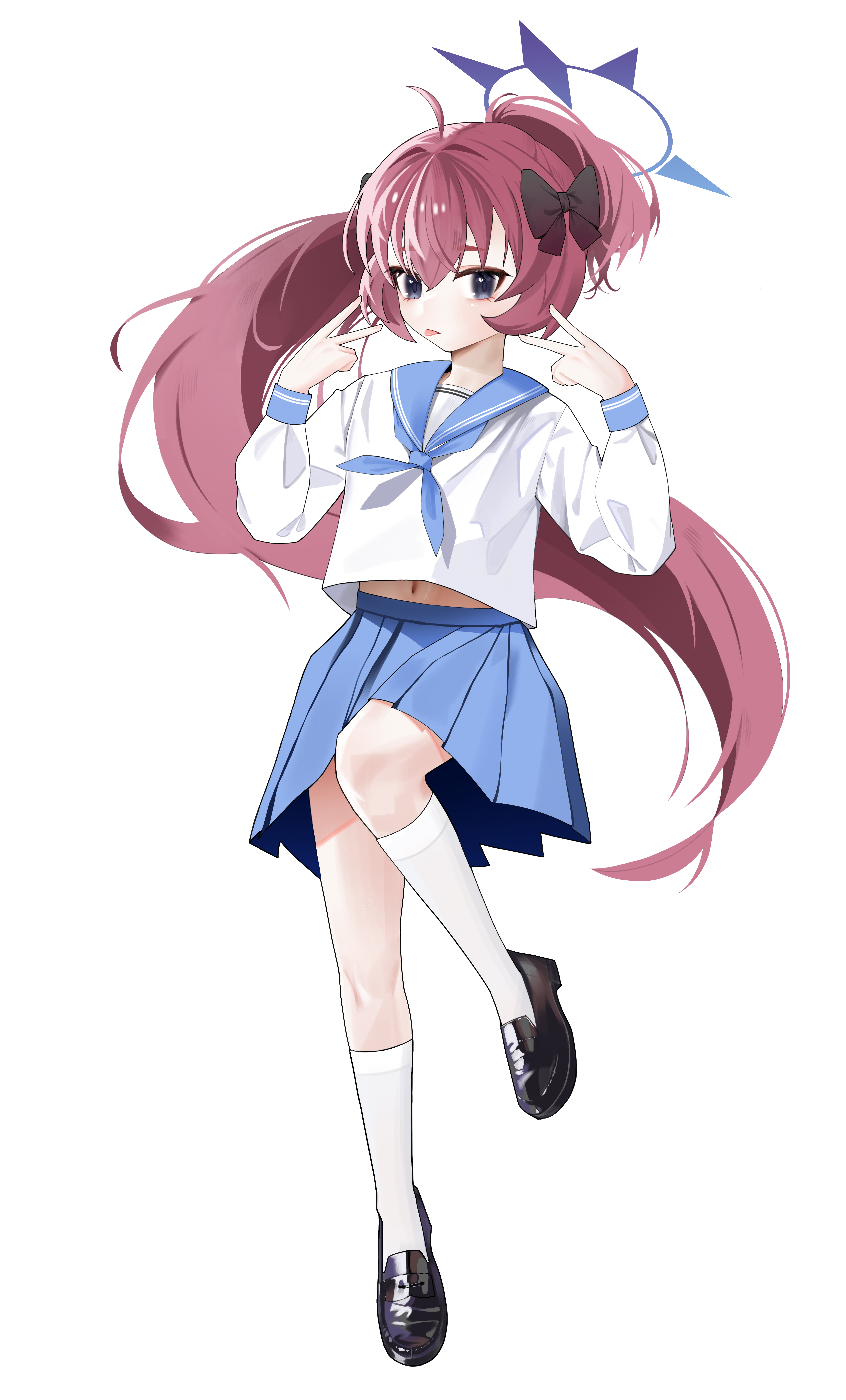 cetci, iroha (blue archive), blue archive, absurdres, commentary, highres, korean commentary, 1girl, :p, ahoge, alternate costume, alternate hairstyle, black bow, blue halo, blue neckerchief, blue sailor collar, blue skirt, bow, double v, eyelashes, floating hair, full body, grey eyes, hair bow, hair intakes, halo, hands up, kneehighs, light frown, loafers, long hair, long sleeves, looking at viewer, midriff peek, miniskirt, navel, neckerchief, pleated skirt, ponytail, red hair, sailor collar, school uniform, serafuku, shirt, shoes, sidelocks, simple background, skirt, socks, solo, thick eyebrows, tongue, tongue out, v, very long hair, white background, white shirt, white socks