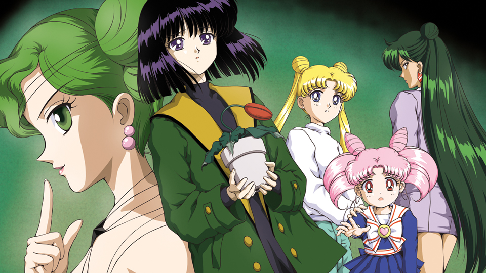 hino ryutaro, chibi usa, kaiou michiru, meiou setsuna, tellu (sailor moon), tomoe hotaru, tsukino usagi, bishoujo senshi sailor moon, bishoujo senshi sailor moon s, 1990s (style), 5girls, black hair, blonde hair, blue eyes, bob cut, brooch, business suit, child, coat, cone hair bun, double bun, earrings, formal clothes, green eyes, green hair, hair bun, half updo, heart, heart brooch, jewelry, lipstick, long hair, makeup, multiple girls, open mouth, outstretched arm, outstretched hand, pink hair, plant, pointing, purple eyes, purple skirt, reaching, red eyes, retro artstyle, school uniform, serafuku, short hair, single hair bun, skirt, suit, sweater, turtleneck, twintails, very long hair, white sweater, witches 5