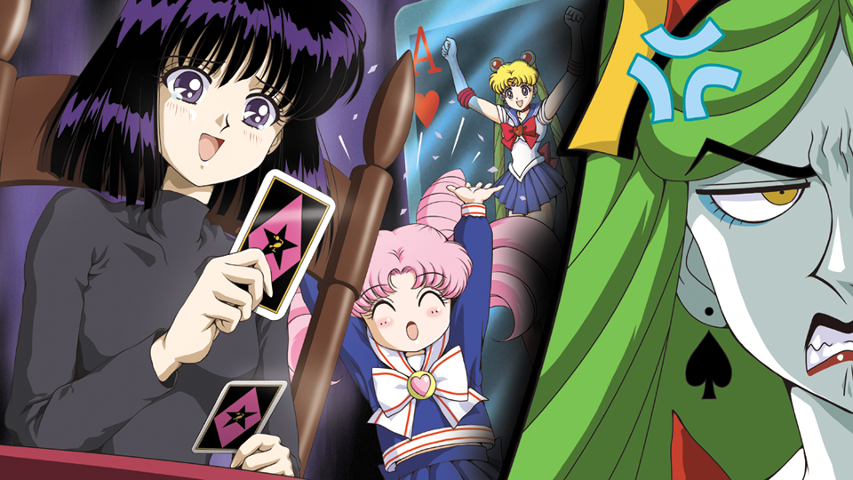 hino ryutaro, chibi usa, sailor moon, tomoe hotaru, tsukino usagi, u ikasaman, bishoujo senshi sailor moon, bishoujo senshi sailor moon s, toei company, 1990s (style), 5girls, ^ ^, blouse, blue sailor collar, blue shirt, blue skirt, bob cut, bow, brooch, card, child, closed eyes, cone hair bun, hair bun, heart, heart brooch, holding, holding card, jewelry, magical girl, multiple girls, red bow, retro artstyle, sailor collar, school uniform, serafuku, shirt, skirt