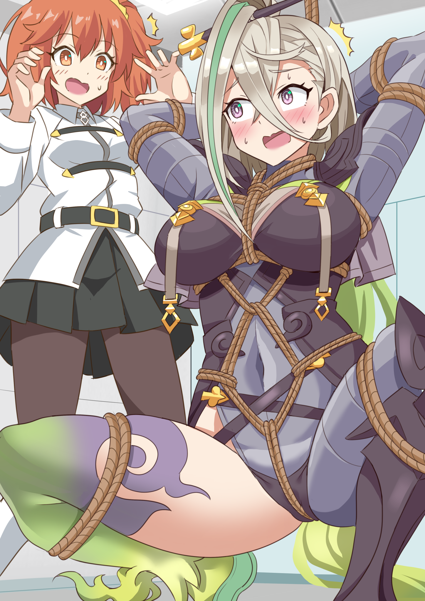 shimouki izui, huyan zhuo (fate), fate/grand order, fate (series), highres, 2girls, bdsm, blonde hair, blush, bondage, bound, breasts, multiple girls, orange eyes, orange hair, purple eyes, restrained, shibari, squatting, surprised, sweat, thighs