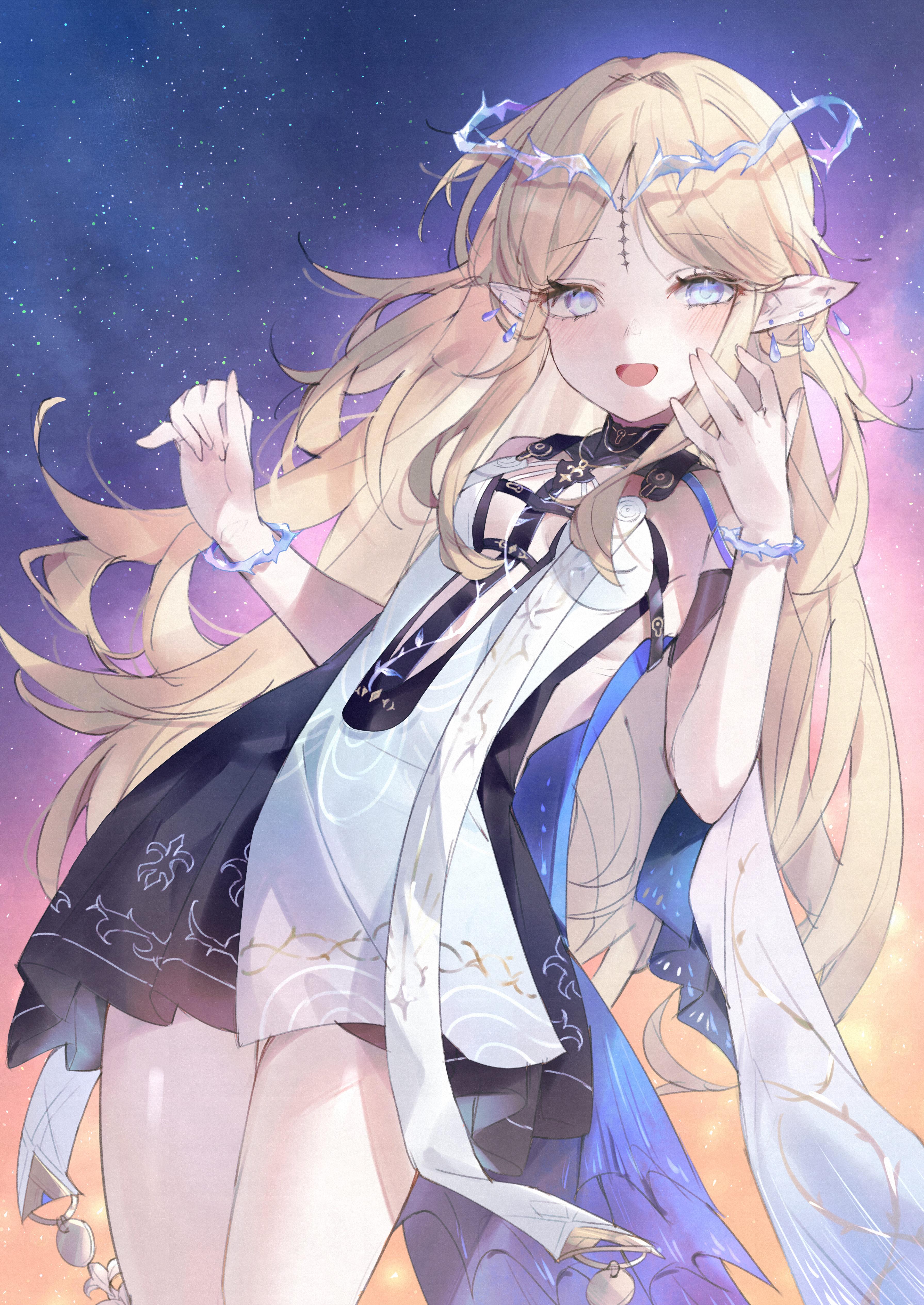 shigureszku, cartethyia (wuthering waves), wuthering waves, absurdres, commentary, english commentary, highres, 1girl, black collar, black dress, blonde hair, blue eyes, blush, breasts, collar, cowboy shot, crown of thorns, dress, earrings, hands up, jewelry, long hair, looking at viewer, multiple earrings, necklace, night, night sky, open mouth, parted bangs, pointy ears, purple sky, sidelocks, sky, small breasts, smile, solo, tabard, tacet mark (wuthering waves), thighs, very long hair, white tabard