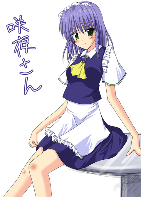 exe (artist), xe (execut3r), izayoi sakuya, touhou, silver hair, translated, 1girl, braid, female focus, green eyes, purple hair, short hair, simple background, solo, twin braids, white background