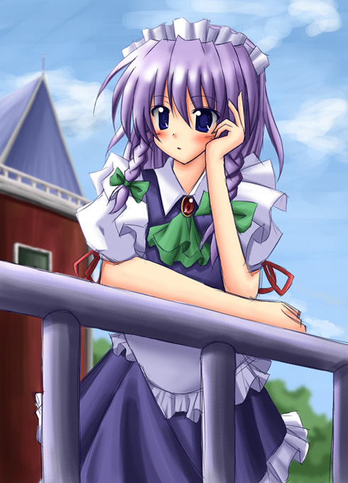 exe (artist), xe (execut3r), izayoi sakuya, touhou, silver hair, 1girl, blue eyes, braid, female focus, purple hair, short hair, solo, twin braids
