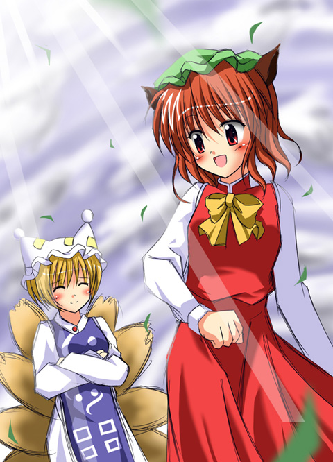 exe (artist), xe (execut3r), chen, yakumo ran, touhou, 2girls, :d, ^ ^, animal ears, animal hat, blonde hair, blush, bow, bowtie, cat ears, cat girl, closed eyes, crossed arms, dress, female focus, frills, hat, long sleeves, mob cap, multiple girls, open mouth, red dress, red eyes, short hair, sleeves past wrists, smile, surcoat, tabard, yellow bow, yellow bowtie