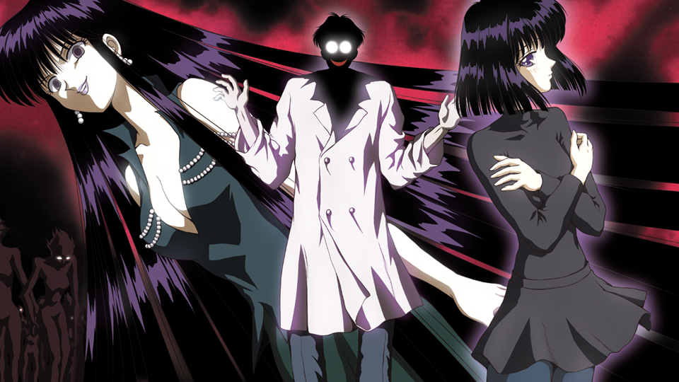 hino ryutaro, mistress 9, tomoe hotaru, tomoe souichi, bishoujo senshi sailor moon, bishoujo senshi sailor moon s, 1990s (style), 1boy, 2girls, anime coloring, black hair, bob cut, breasts, cleavage, dress, dual persona, dutch angle, lipstick, long hair, makeup, multiple girls, pantyhose, profile, purple eyes, purple hair, purple lips, shadow, short hair, skirt, turtleneck