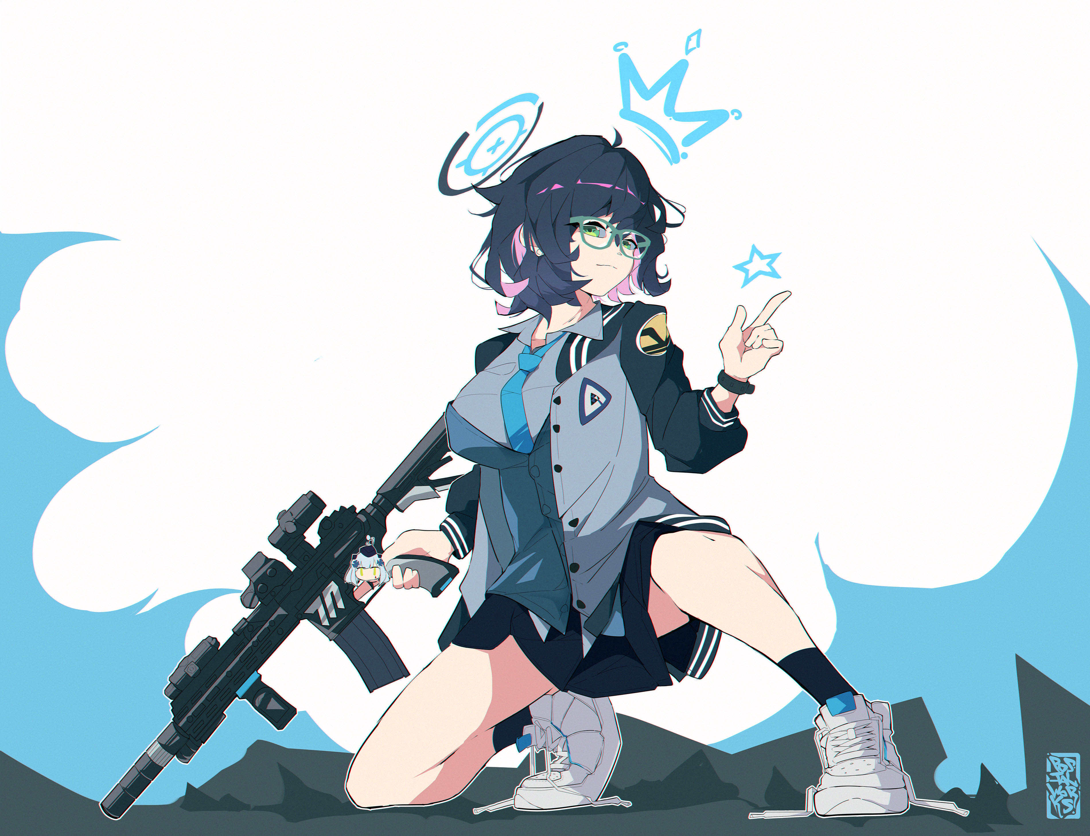 postalworks, chihiro (blue archive), hk416 (girls' frontline), blue archive, girls' frontline, absurdres, highres, 1girl, artist logo, assault rifle, black hair, black jacket, black skirt, black socks, blue halo, blue necktie, blue sweater vest, breasts, chibi, chibi inset, closed mouth, collared shirt, drawn crown, dress shirt, finger gun, full body, glasses, green-framed eyewear, green eyes, grey jacket, grey shirt, gun, h&k hk416, halo, hand up, holding, holding gun, holding weapon, jacket, large breasts, logo, long sleeves, looking at viewer, medium hair, miniskirt, multicolored jacket, necktie, on one knee, open clothes, open jacket, pleated skirt, rifle, shirt, shoes, skirt, smile, sneakers, socks, solo, star (symbol), sweater vest, two-tone jacket, untied shoelaces, weapon, white shoes