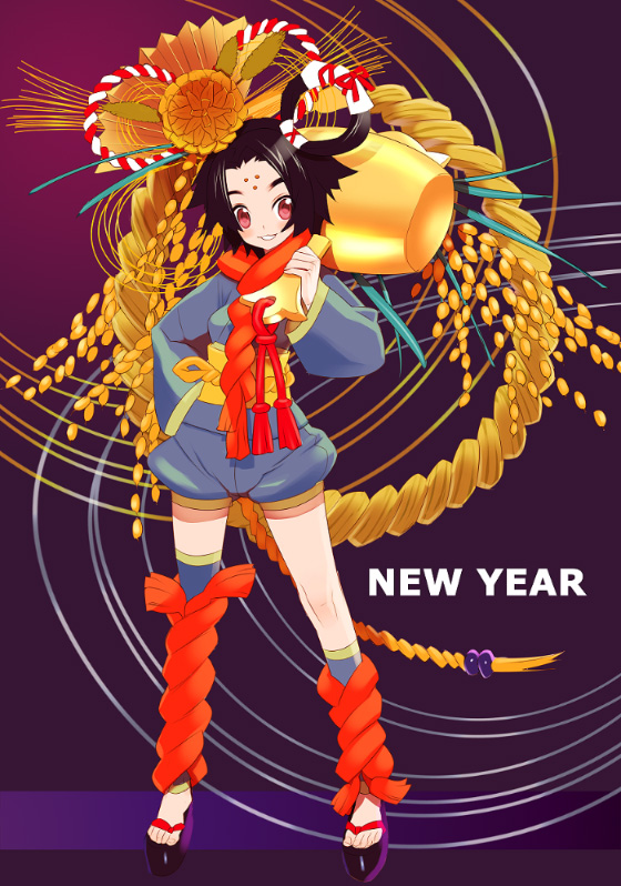 nekonoji, tensugi takashi, 1girl, asymmetrical legwear, black hair, clog sandals, english text, facial mark, female focus, forehead mark, full body, hair ornament, hair rings, hammer, hand on own hip, japanese clothes, kouhaku nawa, long sleeves, looking at viewer, miracle mallet, new year, obi, puffy shorts, red eyes, rope, sandals, sash, shimenawa, shorts, solo, standing, uneven legwear, zouri