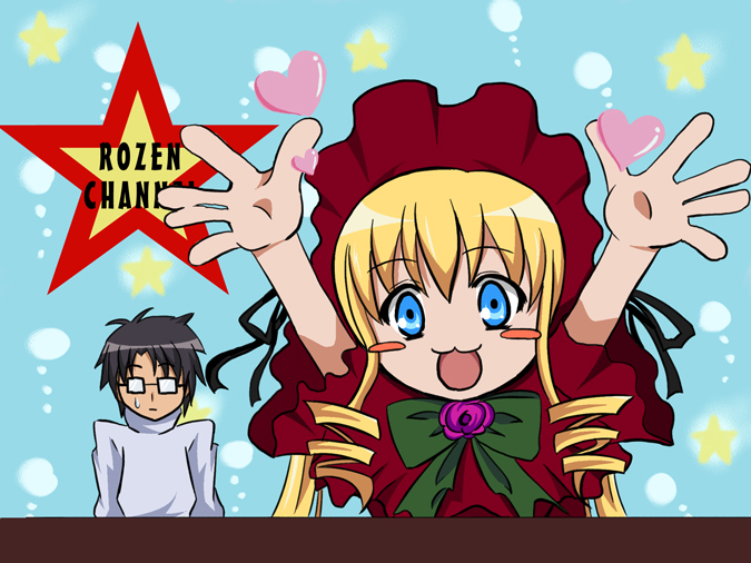 sakurada jun, shinku, lucky star, rozen maiden, 1boy, 1girl, :d, black hair, blonde hair, blue eyes, blush stickers, bonnet, bow, bowtie, drill hair, flower, glasses, green bow, green bowtie, heart, letterboxed, long hair, looking at viewer, lucky channel, open mouth, parody, rose, sidelocks, smile, star (symbol), sweater, twin drills, twintails, upper body, very long hair
