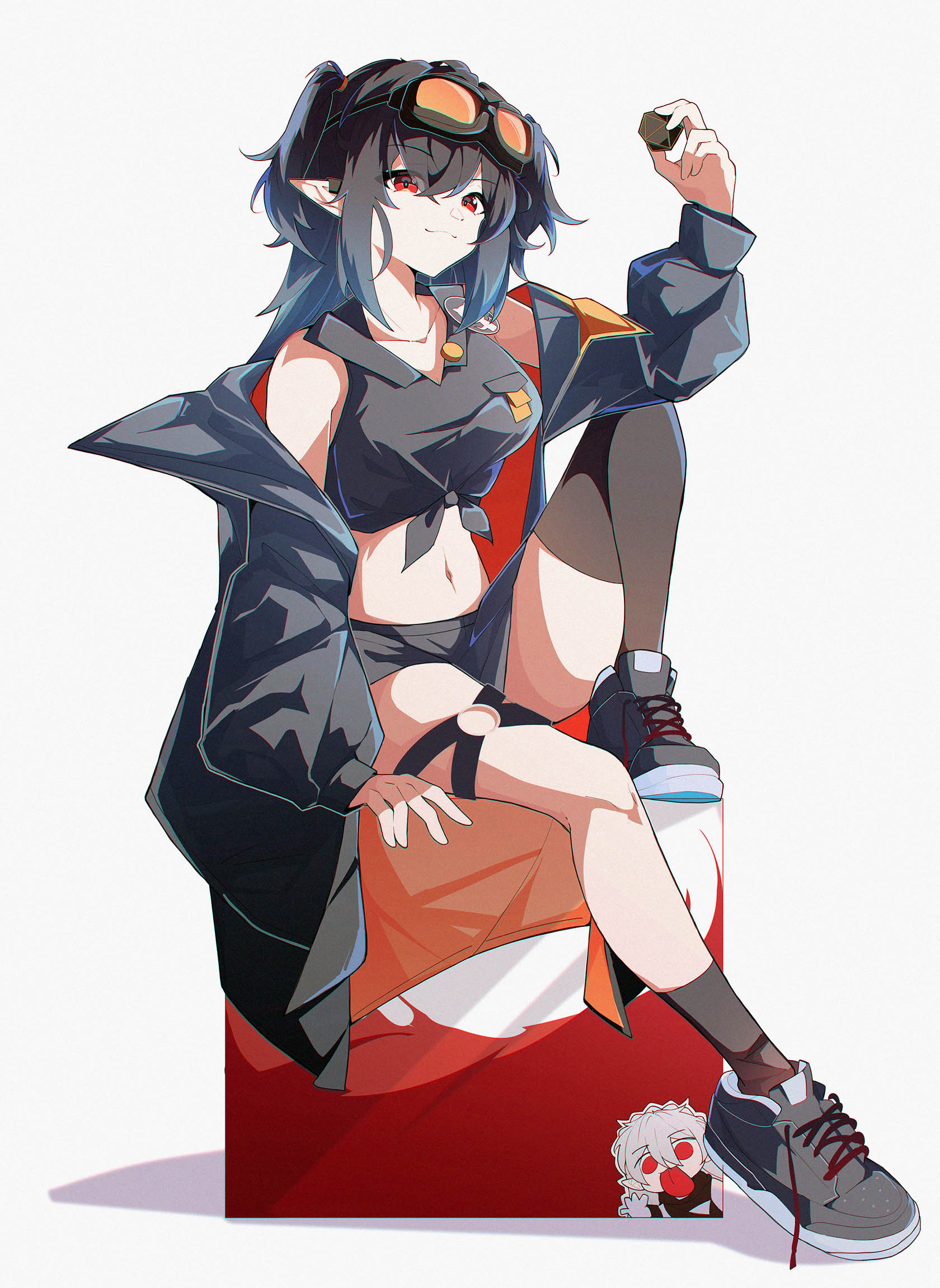 postalworks, closure (act iii) (arknights), closure (arknights), originite prime (arknights), warfarin (arknights), arknights, highres, 1girl, black hair, black jacket, black shirt, black shoes, black shorts, black socks, closed mouth, earclip, full body, goggles, goggles on head, hand up, holding, jacket, long hair, looking at viewer, midriff, navel, off shoulder, open clothes, open jacket, pointy ears, red eyes, shirt, shoes, short shorts, shorts, simple background, sitting, sleeveless, sleeveless shirt, smile, smug, sneakers, socks, solo, tied shirt, two-sided fabric, two-sided jacket, two side up, untied shoelaces, white background