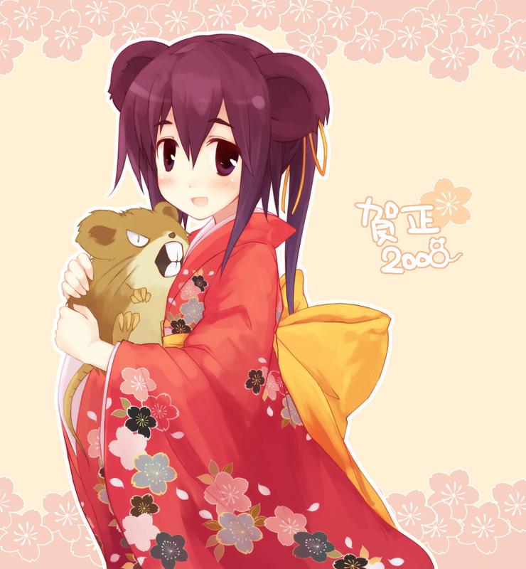 yukitarou (awamori), raticate, nintendo, pokemon, 00s, 1girl, 2008, animal ears, blush, bow, gen 1 pokemon, holding, japanese clothes, kimono, mouse (animal), mouse ears, new year, open mouth, pokemon (creature), ponytail, purple eyes, purple hair, ribbon, smile