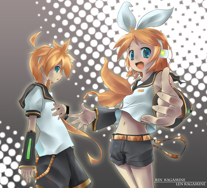 taicho128, kagamine len, kagamine rin, vocaloid, 1boy, 1girl, aqua eyes, blonde hair, brother and sister, midriff, navel, short hair, siblings, twins