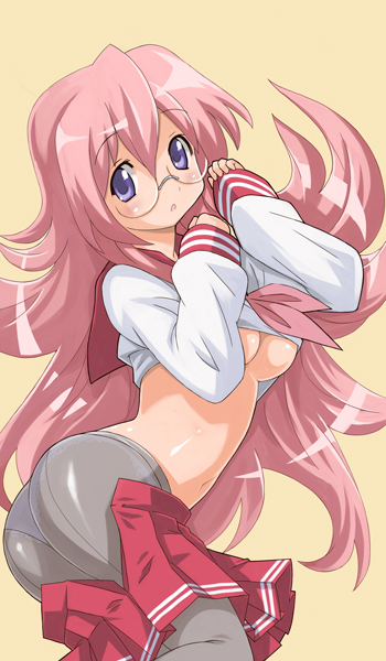 imo works, takara miyuki, lucky star, 00s, 1girl, ass, back-seamed legwear, blue eyes, blush, breasts, female focus, glasses, long hair, midriff, navel, panties, panties under pantyhose, pantyhose, pink hair, school uniform, seamed legwear, serafuku, solo, underboob, underwear, very long hair
