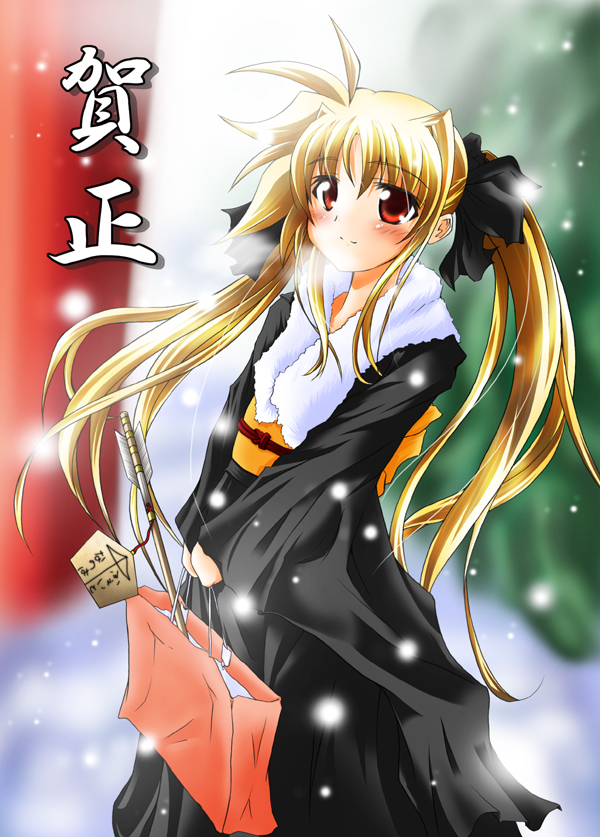 kunon, fate testarossa, lyrical nanoha, mahou shoujo lyrical nanoha, mahou shoujo lyrical nanoha strikers, translated, 00s, 1girl, arrow (projectile), blonde hair, female focus, hamaya, japanese clothes, kimono, new year, solo
