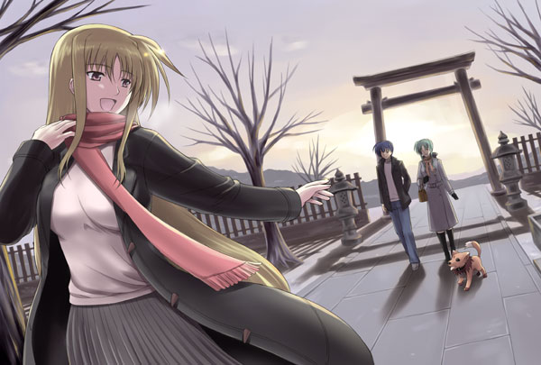 ishigaki takashi, arf, chrono harlaown, fate testarossa, lindy harlaown, lyrical nanoha, mahou shoujo lyrical nanoha, mahou shoujo lyrical nanoha strikers, 00s, 1boy, 2girls, :d, blonde hair, blue hair, casual, cloud, coat, day, dog, dutch angle, green eyes, hand in pocket, mother and son, mountain, multiple girls, open mouth, pavement, pleated skirt, scarf, short hair, skirt, sky, smile, torii, tree, winter