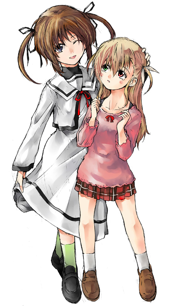 raid slash, takamachi nanoha, vivio, lyrical nanoha, mahou shoujo lyrical nanoha, mahou shoujo lyrical nanoha strikers, 00s, 2girls, ;d, blonde hair, blue eyes, breasts, brown hair, dress, heterochromia, long hair, looking at viewer, miniskirt, multiple girls, one eye closed, open mouth, plaid clothes, plaid skirt, purple eyes, red hair, red ribbon, red skirt, ribbon, school uniform, simple background, skirt, small breasts, smile, standing, sweater, time paradox, twintails, white background, white dress