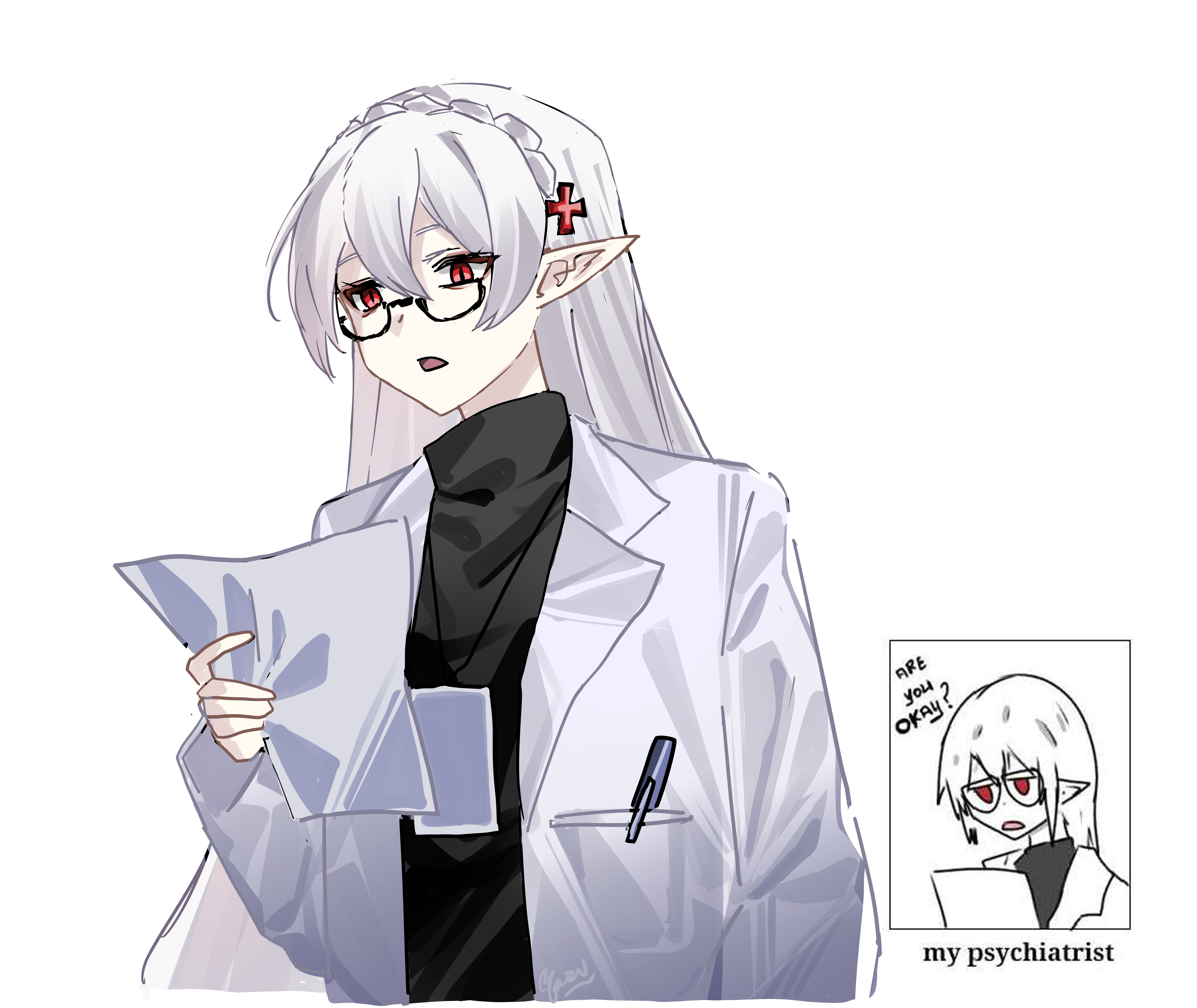 yazu (zoddiacz), warfarin (arknights), arknights, absurdres, commentary, english commentary, highres, 1girl, alternate costume, bespectacled, black sweater, braid, coat, cropped torso, crown braid, english text, glasses, hand up, holding, holding paper, lab coat, open mouth, pale skin, paper, pointy ears, red eyes, semi-rimless eyewear, solo, sweater, under-rim eyewear, vampire, white coat, white hair