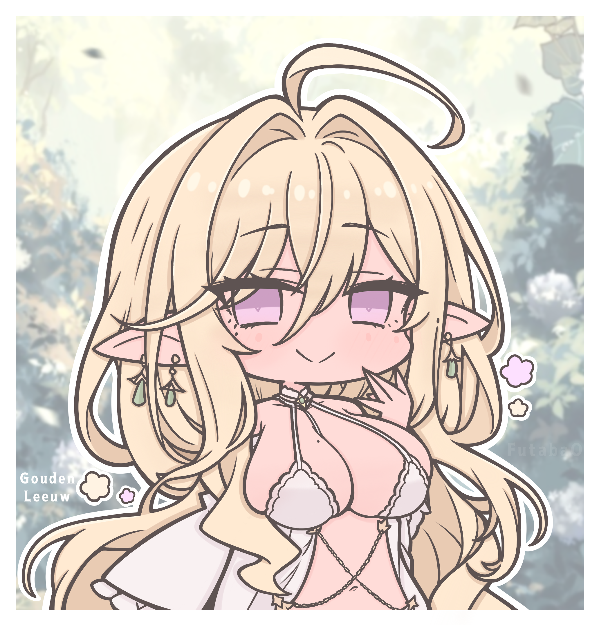 futaba (anti clockwise), gouden leeuw (azur lane), azur lane, commentary, highres, symbol-only commentary, 1girl, ahoge, ai-generated background, blonde hair, bra, breasts, character name, chibi, chibi only, cleavage, collared halterneck, earrings, elf, gem, green gemstone, hair between eyes, jewelry, large breasts, long hair, long hair between eyes, looking at viewer, mole, mole on breast, mole under eye, navel, pointy ears, purple eyes, revealing clothes, smile, solo, underwear, upper body, very long hair, white bra
