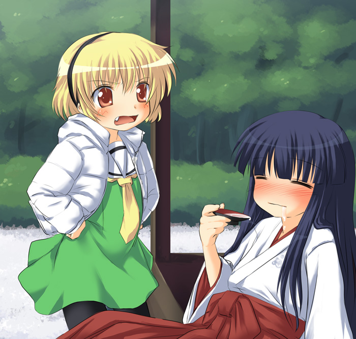 broiler, furude rika, houjou satoko, higurashi no naku koro ni, 00s, 2girls, alcohol, blonde hair, drunk, fang, green skirt, hakama, hakama skirt, japanese clothes, miko, multiple girls, pantyhose, red hakama, sake, saliva, skirt, suggestive fluid