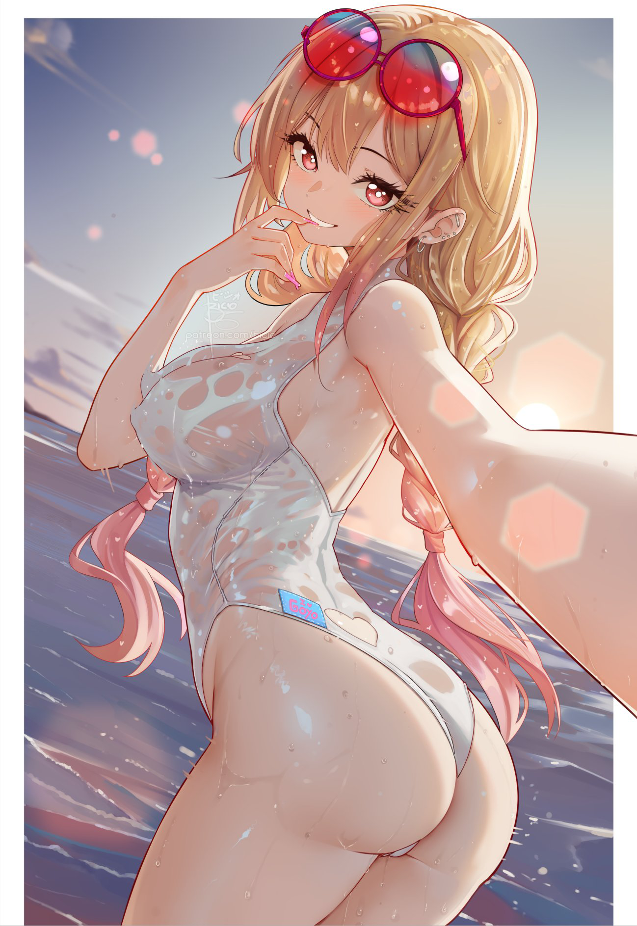 bicio, kitagawa marin, sono bisque doll wa koi wo suru, commentary, highres, 1girl, ass, blonde hair, border, braid, covered erect nipples, cowboy shot, ear piercing, eyewear on head, from side, gradient hair, grin, long hair, looking at viewer, multicolored hair, one-piece swimsuit, outdoors, piercing, pink nails, red eyes, see-through clothes, see-through one-piece swimsuit, smile, solo, standing, sunset, swimsuit, tinted eyewear, twin braids, twintails, very long fingernails, water, wet, wet clothes, wet swimsuit, white border, white one-piece swimsuit