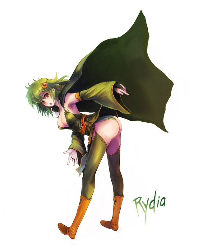kara (color), rydia (adult) (ff4), rydia (ff4), final fantasy, final fantasy iv, 1990s (style), 1girl, ass, bent over, boots, breasts, bridal gauntlets, cape, detached sleeves, female focus, green eyes, green hair, hair ornament, leotard, matching hair/eyes, retro artstyle, simple background, solo, thighhighs