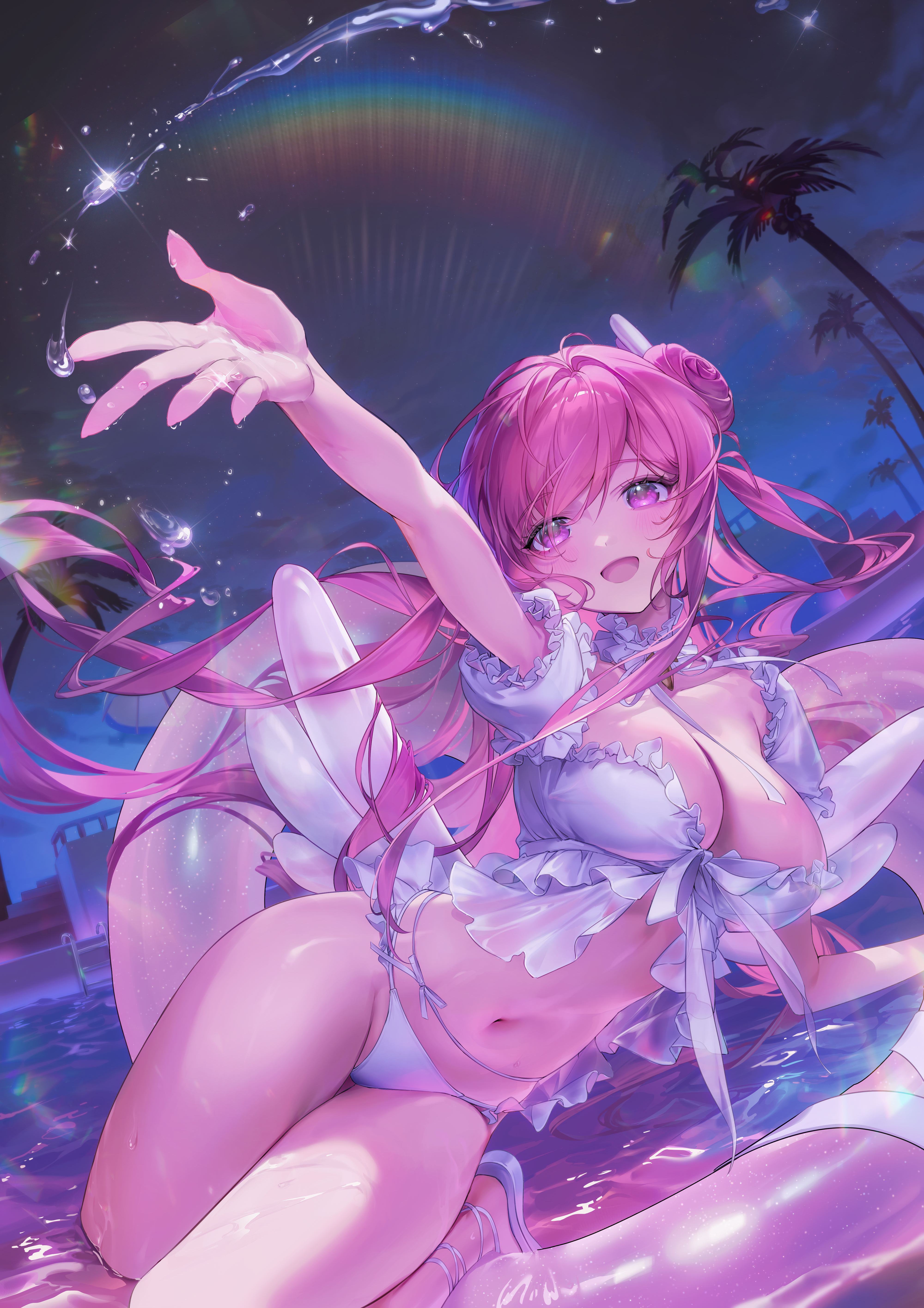 dorothy (nikke), dorothy (serendipity) (nikke), goddess of victory: nikke, absurdres, commentary, highres, 1girl, :d, ankle strap, arm up, bikini, blush, breasts, collar, dutch angle, fake wings, floating hair, frilled bikini, frilled collar, frilled sleeves, frills, groin, hair between eyes, hair bun, hair ornament, heart-shaped innertube, inflatable wings, innertube, kneeling, knees out of frame, large breasts, leaning to the side, lens flare, light particles, long hair, looking at viewer, navel, neck ribbon, night, official alternate costume, open hand, open mouth, outdoors, outstretched arm, palm tree, pink eyes, pink hair, pool, pool ladder, puffy short sleeves, puffy sleeves, ribbon, sandals, short sleeves, single side bun, smile, solo, sparkle, stairs, stomach, swim ring, swimsuit, thigh gap, tree, very long hair, water, water drop, wet, white bikini, white collar, white ribbon, white sandals, wing hair ornament, wings, y unevenness