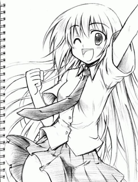 sankaku umako, kate (sketchbook full colors), sketchbook full colors, graphite (medium), traditional media, 00s, 1girl, female focus, greyscale, monochrome, one eye closed, school uniform, serafuku, sketch, smile, solo, wink