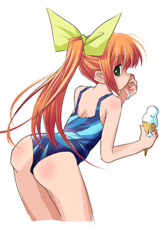 hana, hermmy, oppai kenmin, hana (pangya), original, pangya, 1girl, ass, female focus, food, ice cream, one-piece swimsuit, solo, swimsuit