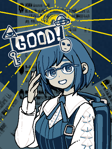 sushi umasugiii, fukurai azami, toshi densetsu kaitai center, animated, animated gif, lowres, 1girl, alien, backpack, bag, blue eyes, blue hair, collared shirt, eye of providence, flying saucer, frilled shirt, frilled sleeves, frills, glasses, hand up, jaggy lines, key, limited palette, long sleeves, looking at viewer, neck ribbon, ribbon, shirt, short hair, smile, solo, spacecraft, ufo, upper body, white shirt