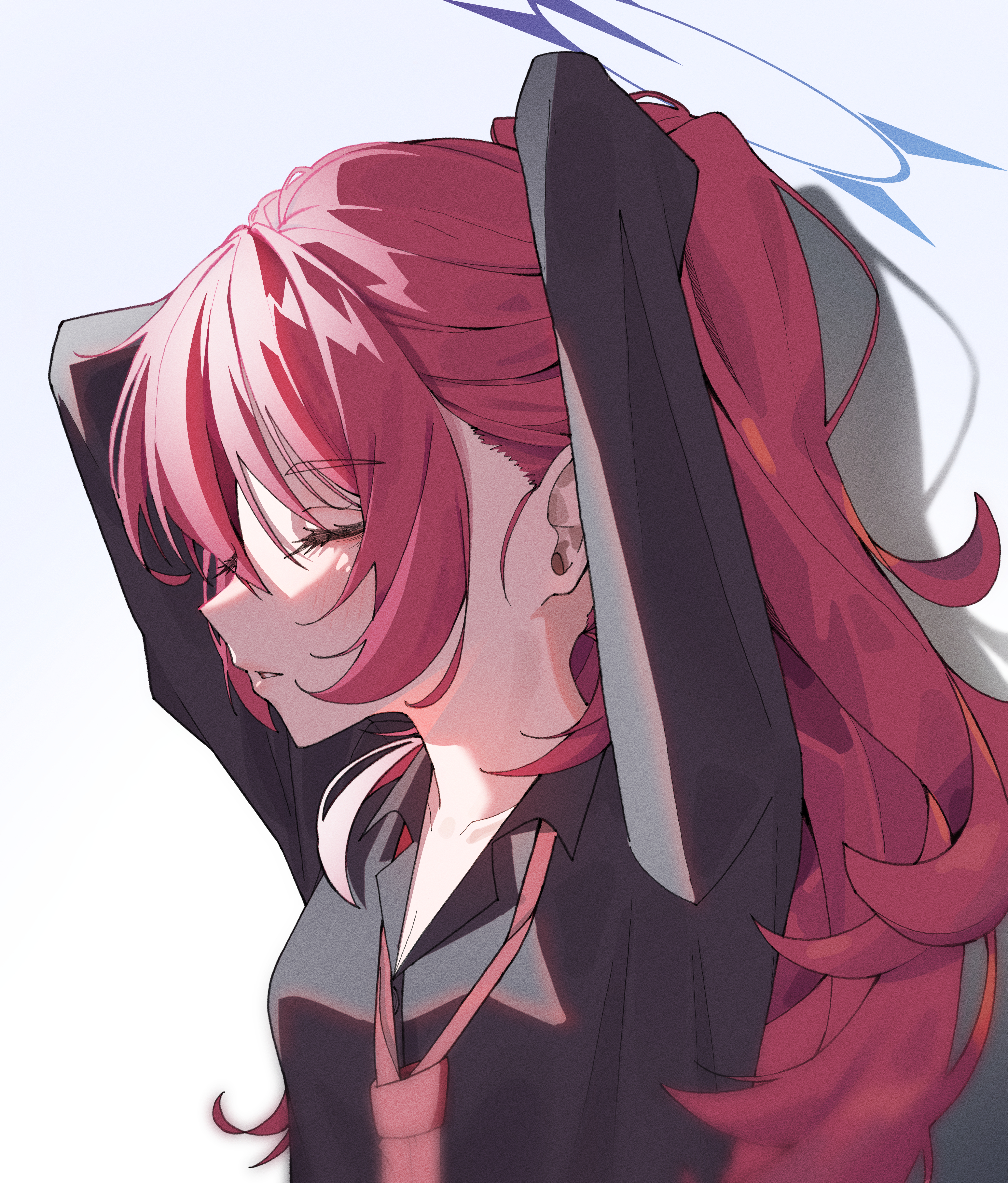 cetci, iroha (blue archive), blue archive, fluffy hair, absurdres, commentary, highres, korean commentary, 1girl, alternate hairstyle, arms behind head, black shirt, blue halo, blush, closed eyes, collared shirt, drop shadow, eyelashes, film grain, from side, hair between eyes, halo, long hair, long sleeves, necktie, parted lips, ponytail, profile, red hair, red necktie, shirt, sidelocks, simple background, solo, upper body, very long hair, white background
