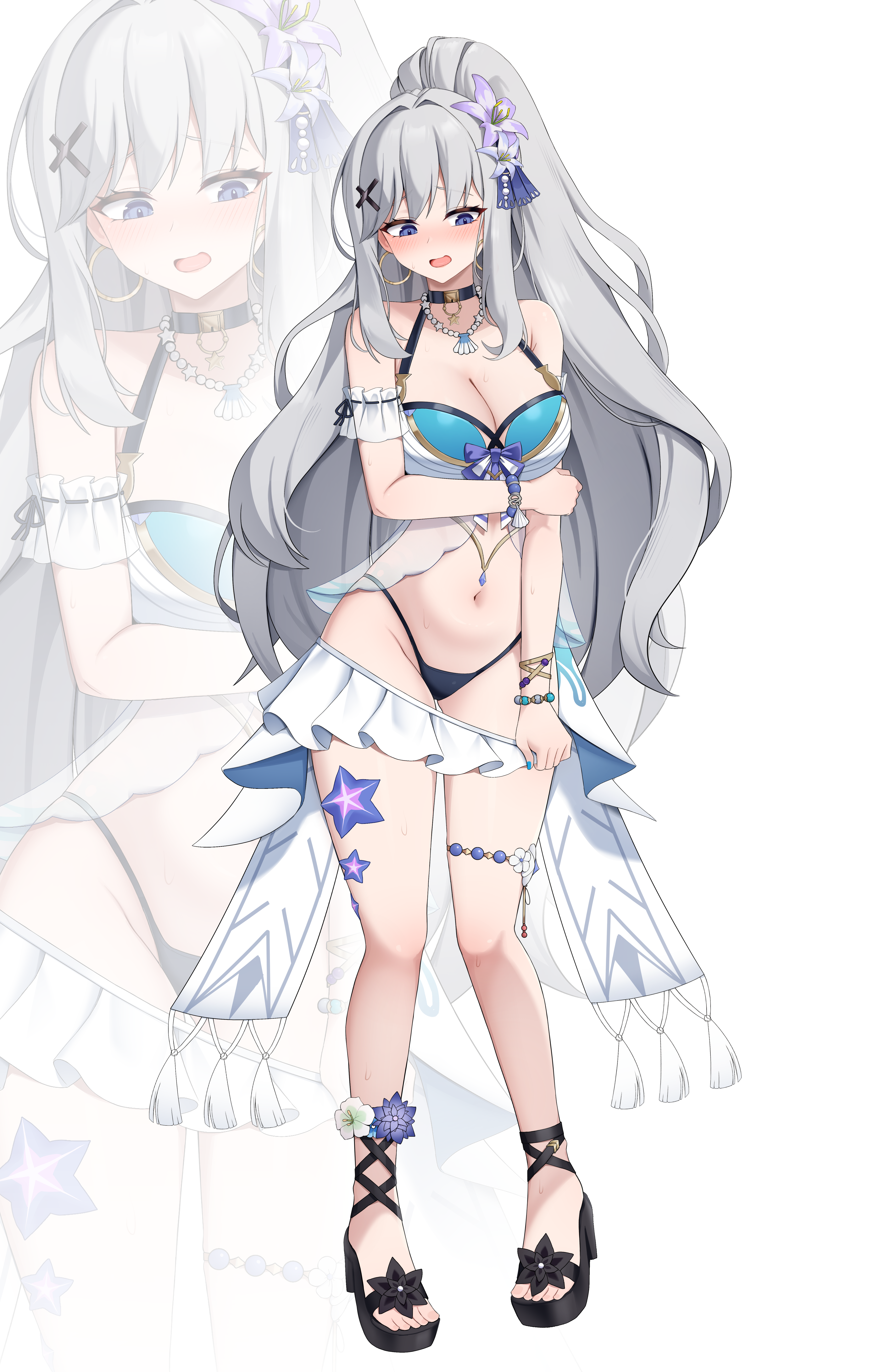 kisa (leg3043), adina savic, black survival, eternal return: black survival, absurdres, commentary request, highres, korean commentary, partial commentary, 1girl, armband, bare shoulders, bead necklace, beads, bikini, bikini skirt, black bikini, black choker, block heels, blue eyes, blush, bow, bow bikini, bracelet, breasts, choker, cleavage, clothes pull, earrings, feet, flower, frilled armband, frilled skirt, frills, full body, gold earrings, gold trim, grey hair, hair flower, hair intakes, hair ornament, holding own arm, hoop earrings, jewelry, large breasts, legs, long hair, looking down, microskirt, multicolored bikini, navel, necklace, official alternate costume, open mouth, platform sandals, purple bow, sandals, shell, shell necklace, sidelocks, simple background, skirt, skirt pull, solo, star (symbol), stomach, swimsuit, tassel, thighlet, thighs, toes, very long hair, white background, white skirt, x hair ornament, zoom layer