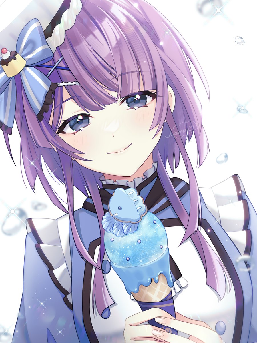 nemui lazurite, shine post, highres, 1girl, agarie nagi, blue eyes, bow, closed mouth, dress, food, frilled dress, frills, hair ornament, hairpin, hat, hat bow, holding, holding ice cream cone, ice cream cone, purple hair, sidelocks, signature, simple background, smile, solo, splashing, sweets, upper body, white background