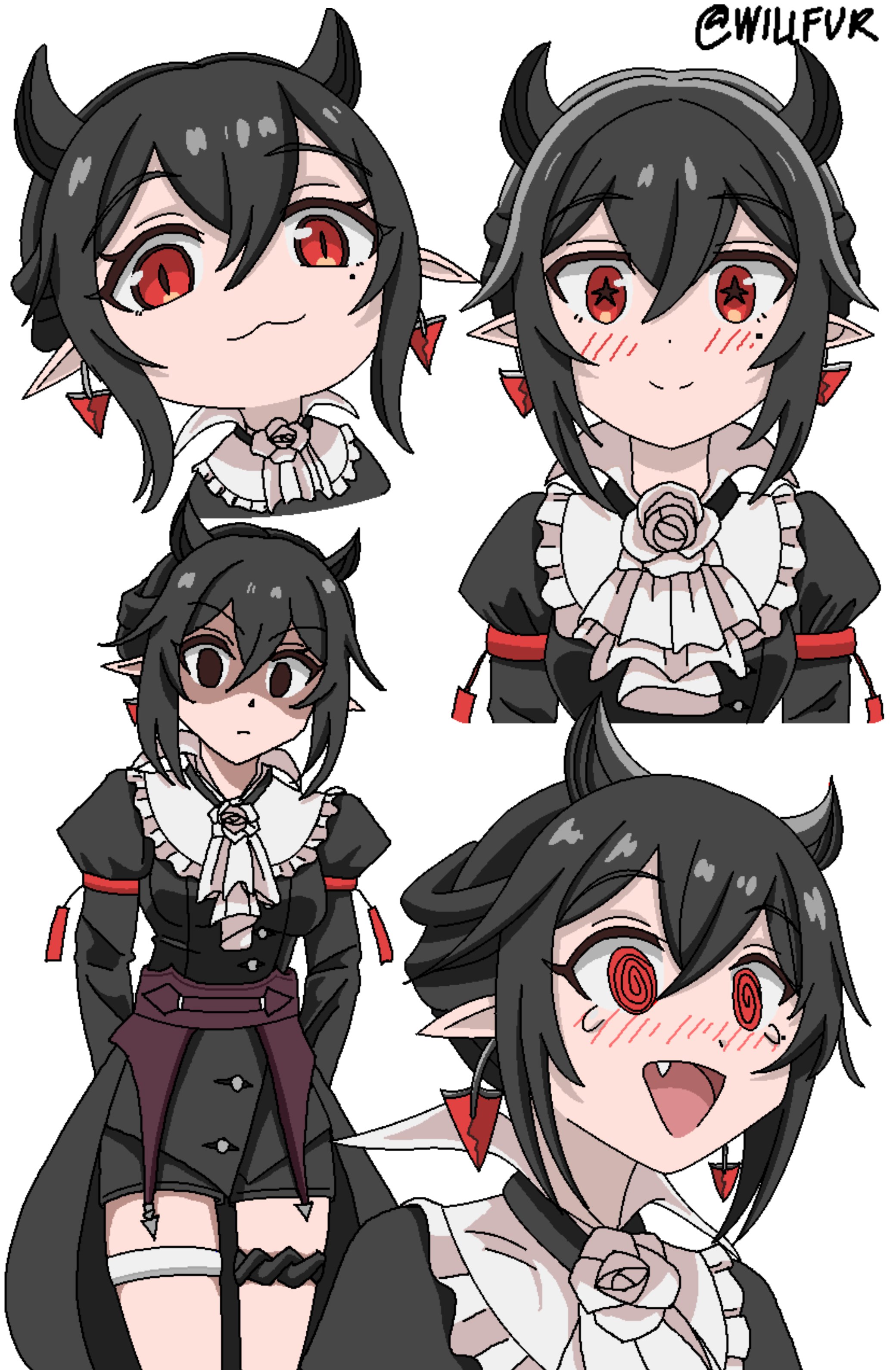 willfur, entelechia (arknights), arknights, absurdres, highres, 1girl, :3, artist name, ascot, black dress, black hair, blush, breasts, dress, fang, frilled ascot, frills, horns, juliet sleeves, long sleeves, looking at viewer, medium breasts, multiple views, mutsuki face (blue archive), open mouth, partially shaded face, pointy ears, puffy sleeves, red eyes, short hair, sidelocks, simple background, smile, white ascot, white background