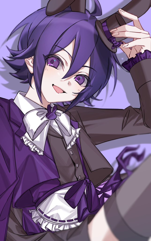 ittoire3, suzuno yuu, pretty rhythm, pretty series, 1boy, :d, animal ears, apron, black hat, black thighhighs, collared shirt, frilled apron, frills, hat, jacket, king of prism, knees up, long sleeves, looking at viewer, male focus, mini hat, mini top hat, open mouth, purple eyes, purple hair, purple jacket, rabbit ears, shirt, short hair, simple background, sitting, smile, solo, thighhighs, top hat, white apron, white shirt