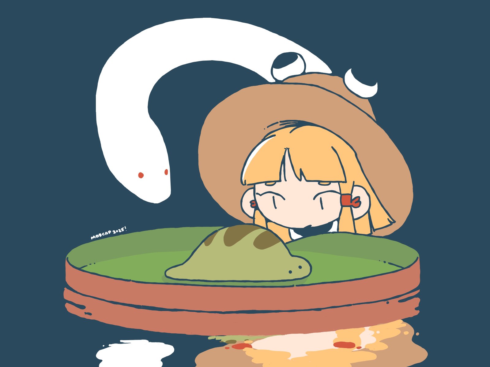 mobcap, moriya suwako, touhou, highres, 1girl, blonde hair, blue background, hair ribbon, hat, lily pad, looking at another, red eyes, red ribbon, reflection, reflective water, ribbon, simple background, snake, tsuchinoko, water, white snake, | |