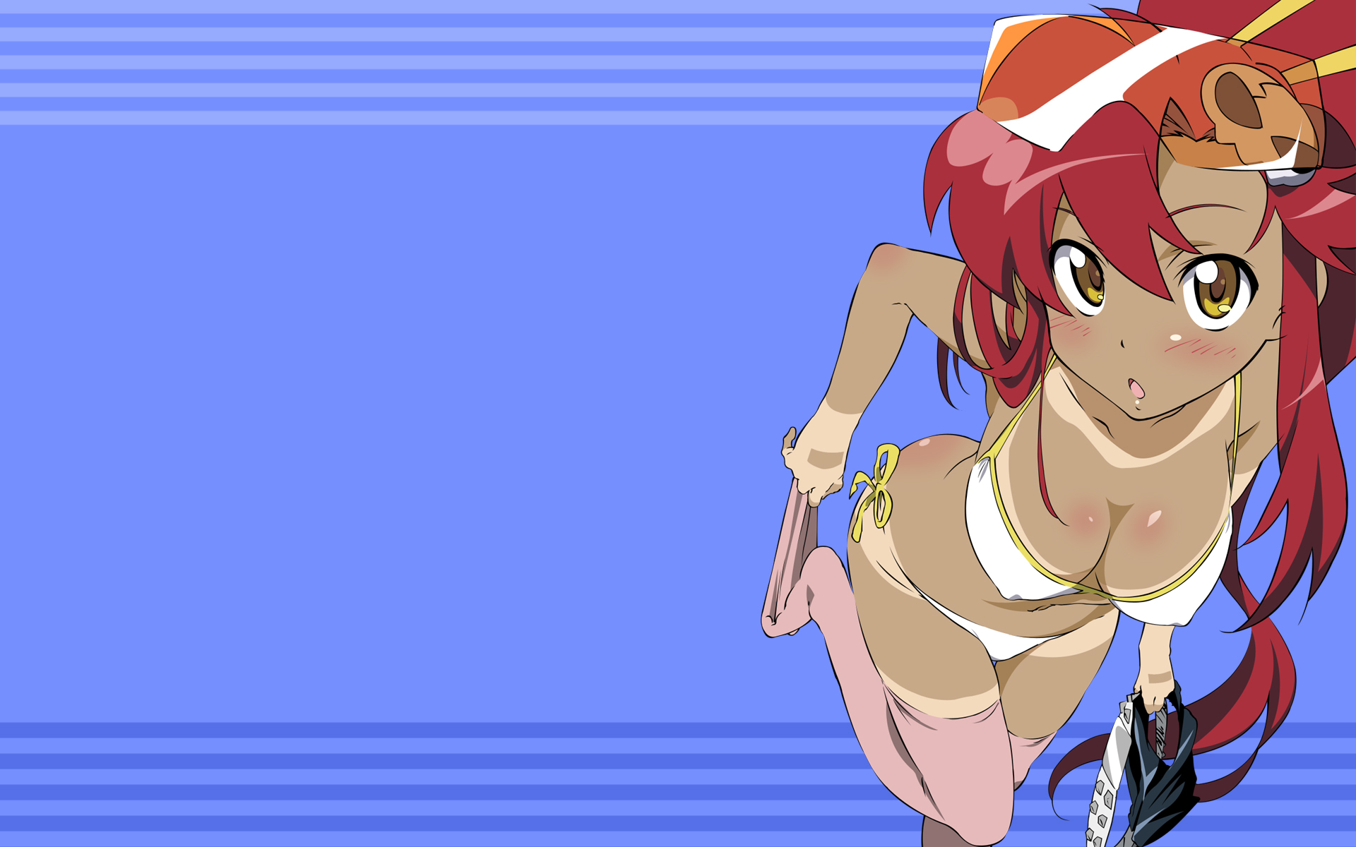 yamaguchi satoshi, yoko littner, tengen toppa gurren lagann, highres, official art, official wallpaper, 00s, 1girl, :o, accessory tan, belt, bikini, bikini tan, blue background, blush, body blush, breasts, cleavage, covered erect nipples, dark-skinned female, dark skin, embarrassed, eyewear on head, female focus, hair between eyes, hair ornament, holding, large breasts, leaning forward, leg lift, long hair, looking at viewer, navel, open mouth, pink thighhighs, ponytail, red hair, safety glasses, short shorts, shorts, side-tie bikini bottom, sidelocks, skull hair ornament, solo, standing, standing on one leg, striped background, studded belt, sunglasses, surprised, swimsuit, tan, tanline, tanlines, thigh gap, thighhighs, thighhighs pull, tinted eyewear, toe scrunch, transparent, undressing, unworn shorts, very long hair, white bikini, yellow-tinted eyewear, yellow eyes