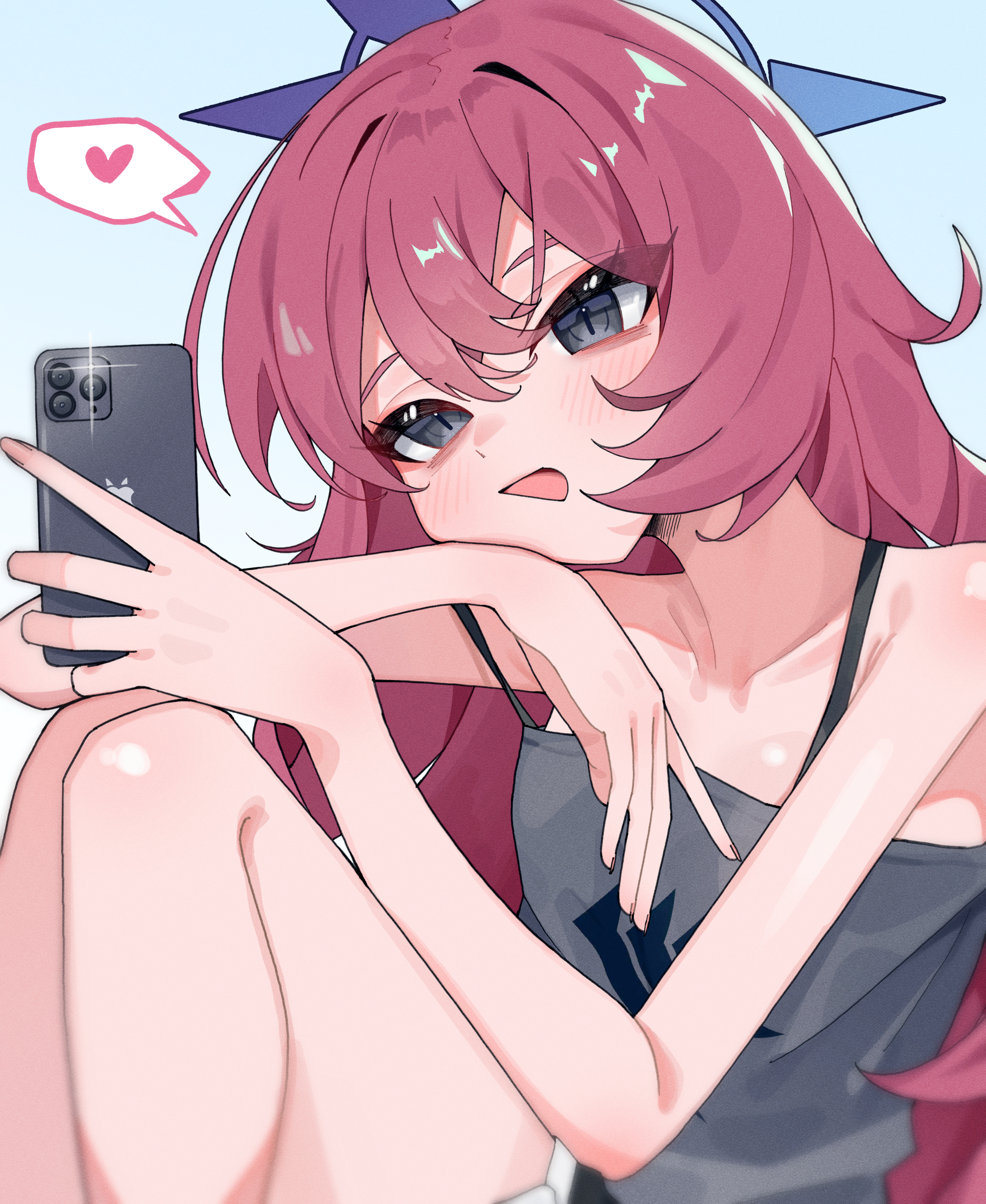 cetci, iroha (blue archive), blue archive, fluffy hair, absurdres, commentary, highres, korean commentary, 1girl, :d, alternate costume, aqua background, armpit crease, black camisole, blue halo, blush, breasts, camisole, cellphone, collarbone, eyebrows hidden by hair, film grain, glint, grey eyes, hair between eyes, hair intakes, halo, hands up, happy, heart, holding, holding phone, knees up, long hair, looking at phone, no headwear, open mouth, petite, phone, red hair, simple background, sitting, slit pupils, small breasts, smartphone, smile, solo, speech bubble, spoken heart, strap slip, thick eyebrows, tsurime, upper body, very long hair
