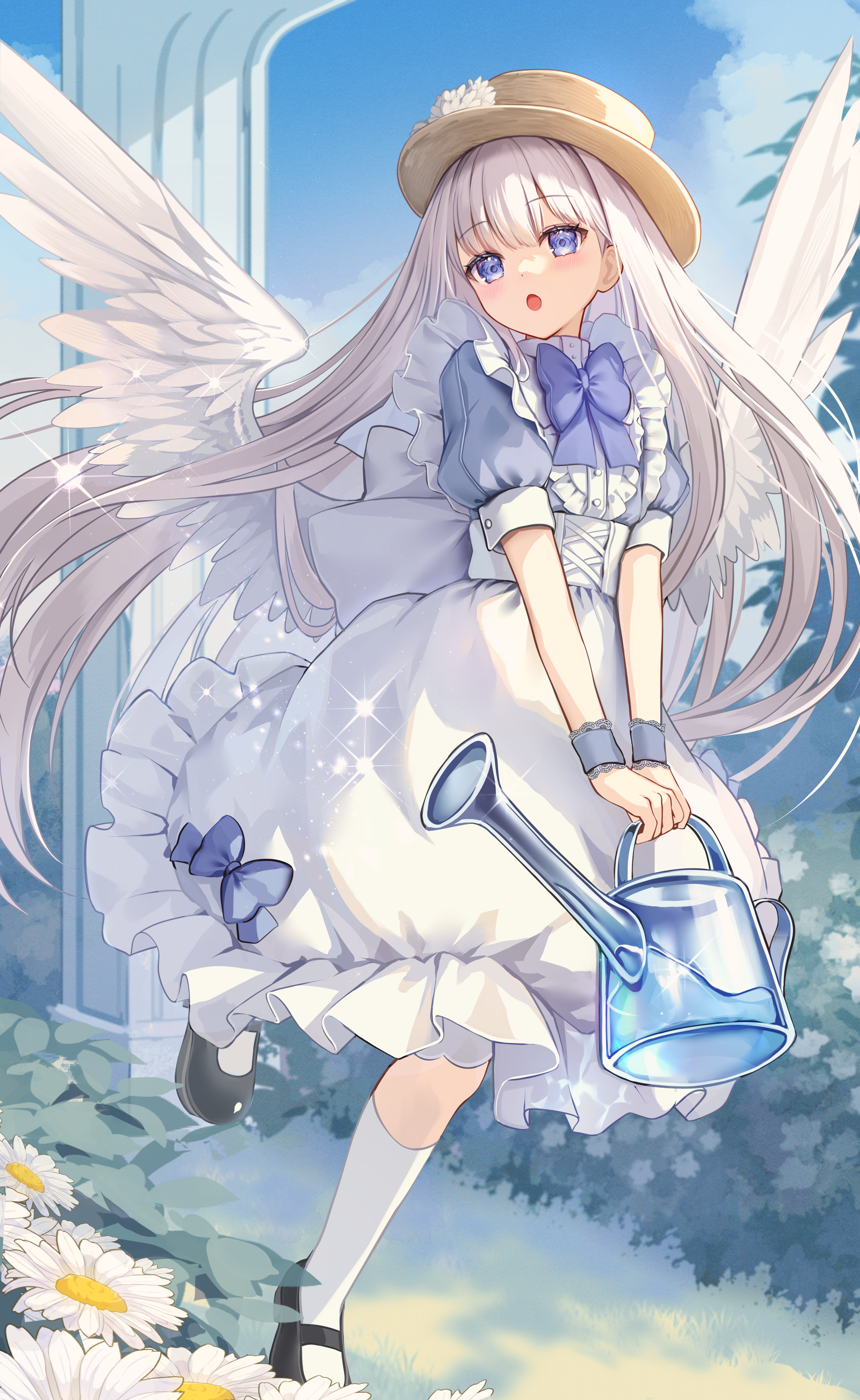 fuyoyo, original, absurdres, commentary, highres, 1girl, :o, black shoes, blue bow, blue eyes, blue shirt, blue sky, blush, bow, brown hat, bush, buttons, center frills, cloud, day, dress, dress bow, dress shirt, feathered wings, flower, frilled shirt, frills, garden, hat, holding, holding watering can, kneehighs, loafers, long hair, looking ahead, low wings, open mouth, outdoors, pillar, puffy short sleeves, puffy sleeves, shirt, shoes, short sleeves, sky, socks, solo, sparkle, standing, standing on one leg, sun hat, tree, very long hair, watering can, white dress, white flower, white hair, white wings, wings
