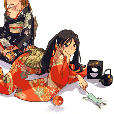 mebae, lowres, 2girls, japanese clothes, kimono, multiple girls, new year