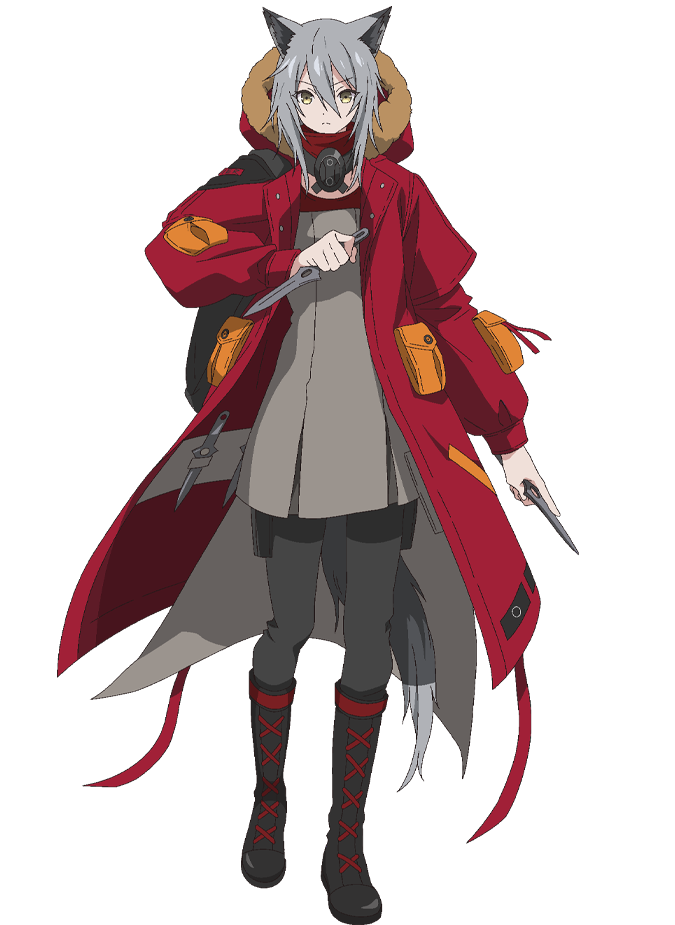 takafuji aya, projekt red (arknights), arknights, official art, 1girl, animal ears, anime coloring, black boots, boots, breasts, closed mouth, dual wielding, full body, fur-trimmed hood, fur trim, grey hair, grey pants, grey shirt, hair between eyes, hand up, holding, holding knife, holding weapon, hood, hood up, hooded jacket, jacket, knife, long sleeves, looking at viewer, medium breasts, open clothes, open jacket, pants, red jacket, reverse grip, shirt, sidelocks, simple background, solo, standing, tail, transparent background, v-shaped eyebrows, weapon, wolf ears, wolf girl, wolf tail, yellow eyes
