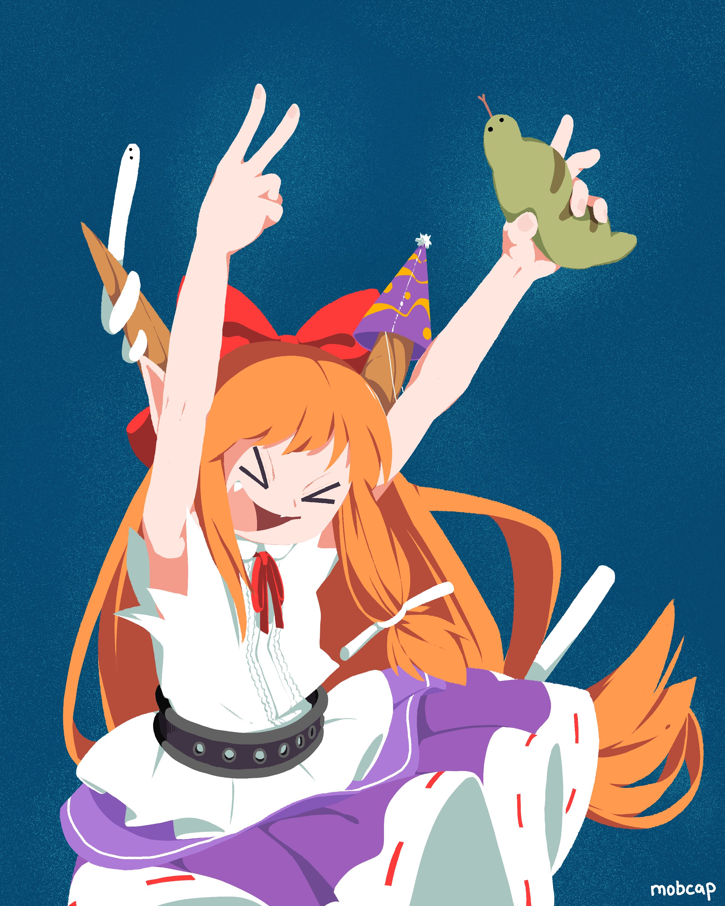 mobcap, ibuki suika, touhou, absurdres, highres, > <, 1girl, animal, arm up, belt, blue background, bow, closed eyes, dress, fangs, flat chest, hair bow, hat, holding, holding animal, horn ornament, horn ribbon, horns, long hair, oni, open mouth, orange hair, party hat, red bow, red ribbon, ribbon, shirt, simple background, sleeveless, snake, tsuchinoko, v, white shirt, white snake