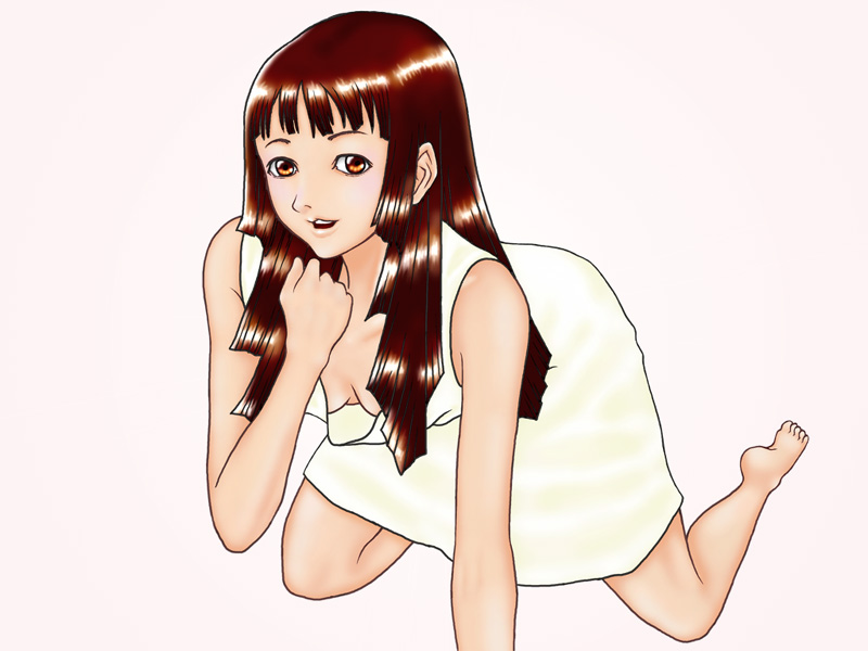 riful, claymore (series), 00s, 1girl, :d, all fours, arm support, bare shoulders, breasts, brown eyes, brown hair, cleavage, collarbone, downblouse, dress, female focus, hand on own chest, looking at viewer, open mouth, sleeveless, sleeveless dress, small breasts, smile, soles, solo, sundress, toes, white dress