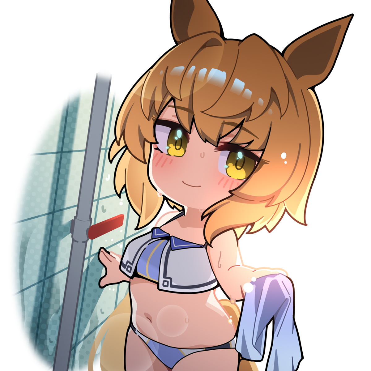 warashi, umamusume, commentary request, highres, 1girl, animal ears, bikini, blush, brown hair, chibi, chibi only, closed mouth, furioso (umamusume), holding, holding towel, horse ears, horse girl, horse tail, navel, outdoors, short hair, smile, solo, swimsuit, tail, towel, wet, white bikini, yellow eyes