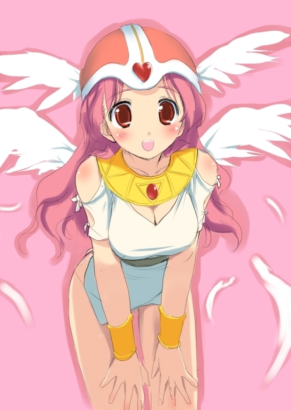 hima, lucia (dq), chunsoft, dragon quest, dragon quest iv, enix, blush, bracer, breasts, cleavage, cowboy shot, helmet, miniskirt, pink background, pink eyes, pink hair, skirt, solo, wings