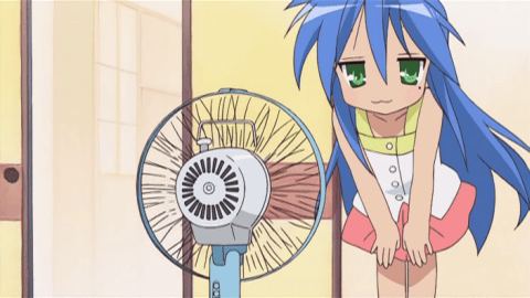 izumi konata, lucky star, animated, animated gif, anime screenshot, lowres, 00s, 1girl, blue hair, dark-skinned female, dark skin, electric fan, female focus, green eyes, mole, mole under eye, solo, ventilator