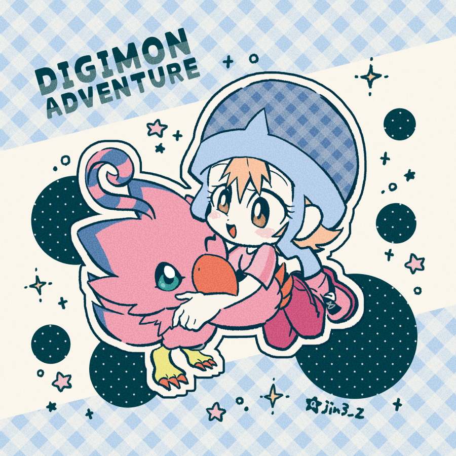 piyomon, takenouchi sora, digimon, beak, digimon (creature), happy, hat, jin3 z, looking at another, one eye closed, smile