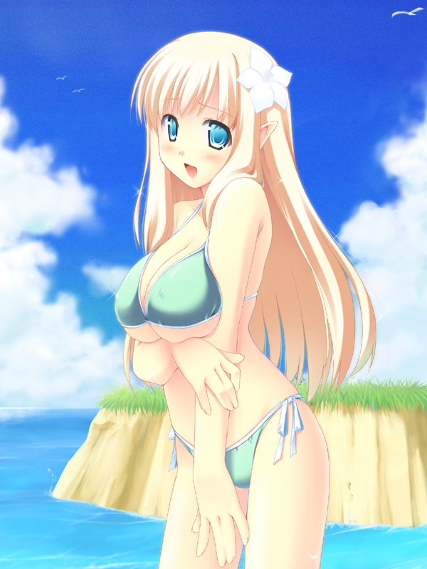 atsushima you, tiffania westwood, zero no tsukaima, 00s, 1girl, aqua bikini, bikini, blush, breasts, day, elf, female focus, large breasts, pointy ears, side-tie bikini bottom, solo, swimsuit