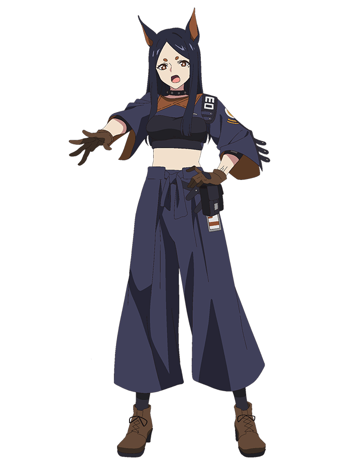 takafuji aya, dobermann (arknights), arknights, official art, 1girl, animal ears, anime coloring, belt pouch, black hair, black pantyhose, blue hakama, blue sash, breasts, brown eyes, brown gloves, brown shoes, dog ears, dog girl, full body, gloves, hakama, hakama pants, hand on own hip, japanese clothes, long hair, long sidelocks, looking at viewer, medium breasts, mole, mole under eye, open hand, open mouth, outstretched arm, palms, pants, pantyhose, parted bangs, pouch, sash, shirt, shoes, short eyebrows, sidelocks, simple background, solo, spread fingers, standing, thick eyebrows, three-quarter sleeves, transparent background