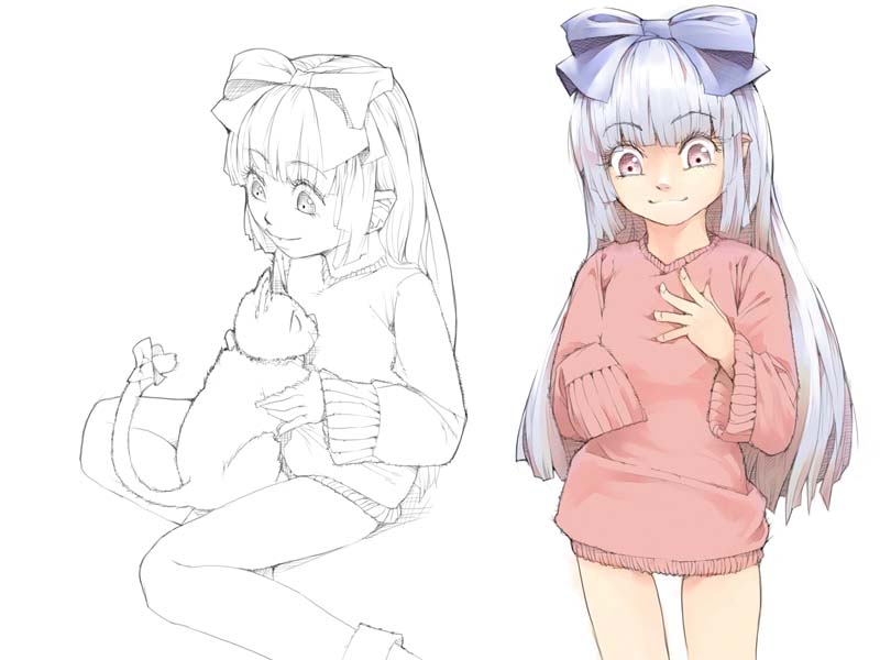 akinbo (hyouka fuyou), 3.1-tan, dos cat, os-tan, silver hair, 1girl, bare legs, blue bow, blunt bangs, blush, bow, grey eyes, hair bow, legs, long hair, long sleeves, looking at viewer, no pants, oversized clothes, simple background, sweater, thigh gap, very long hair, white background